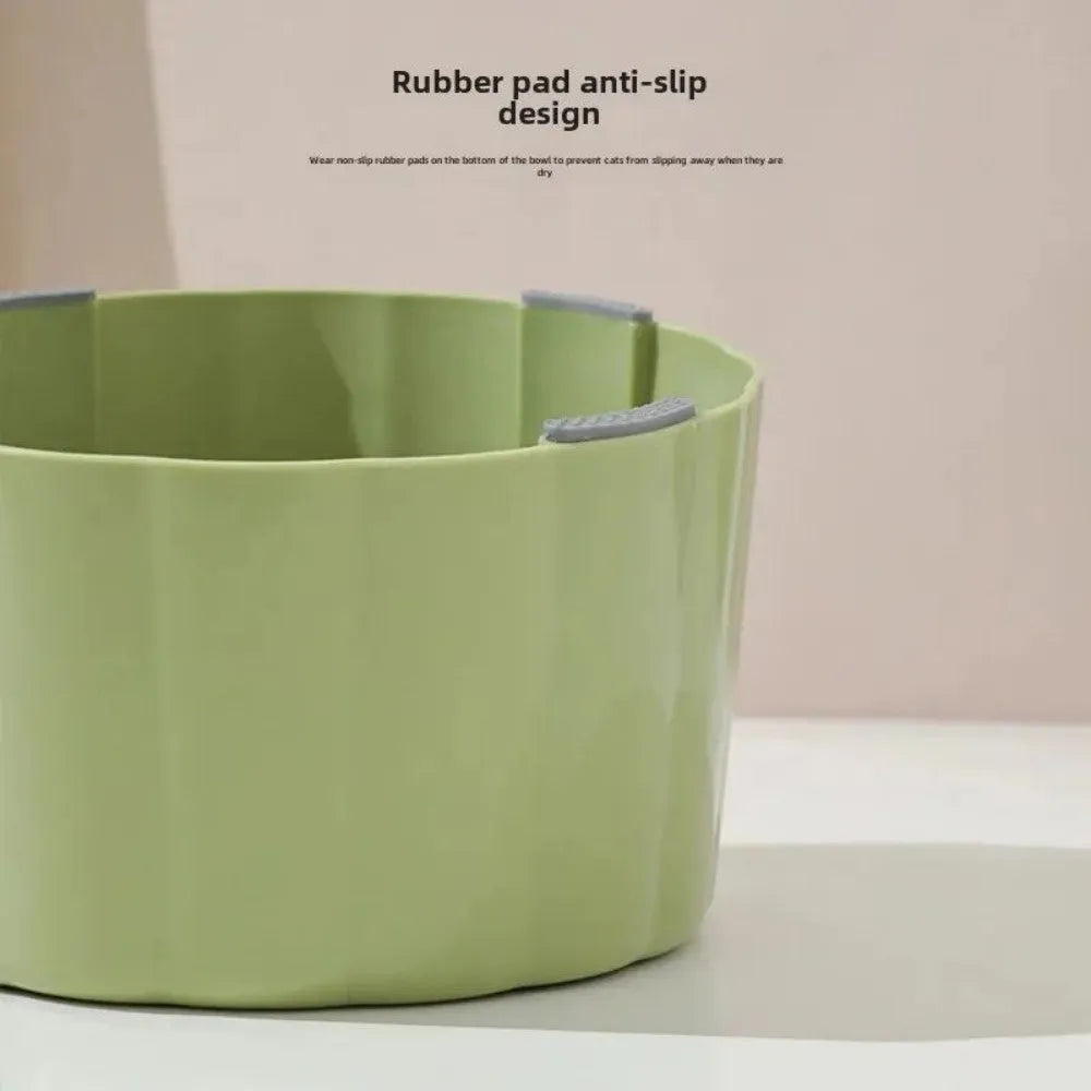 Solid colour ceramic cat bowl with cactus design, showing anti-slip base and large mouth opening.