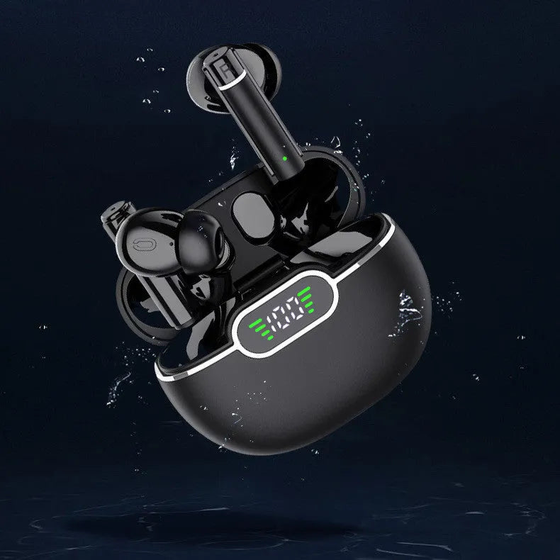 Black wireless Bluetooth earbuds with digital display charging case, 13mm drivers and IPX5 waterproof rating.