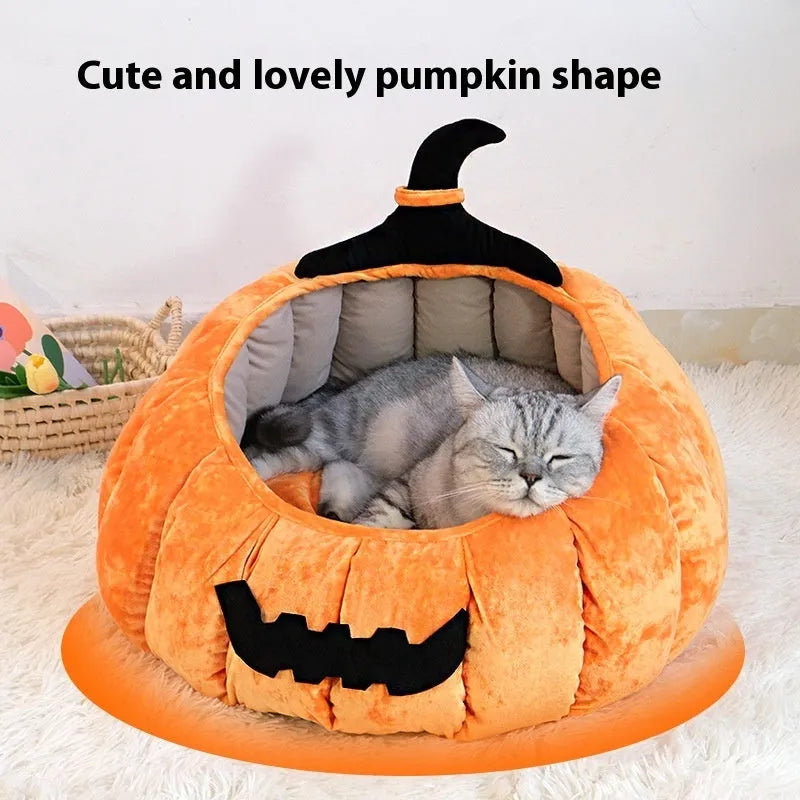 Orange and black soft cloth pumpkin-shaped pet nest bed and cage for cats