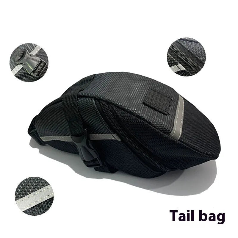 Black cycling quick release saddle bag with polyester construction mounted under bicycle saddle