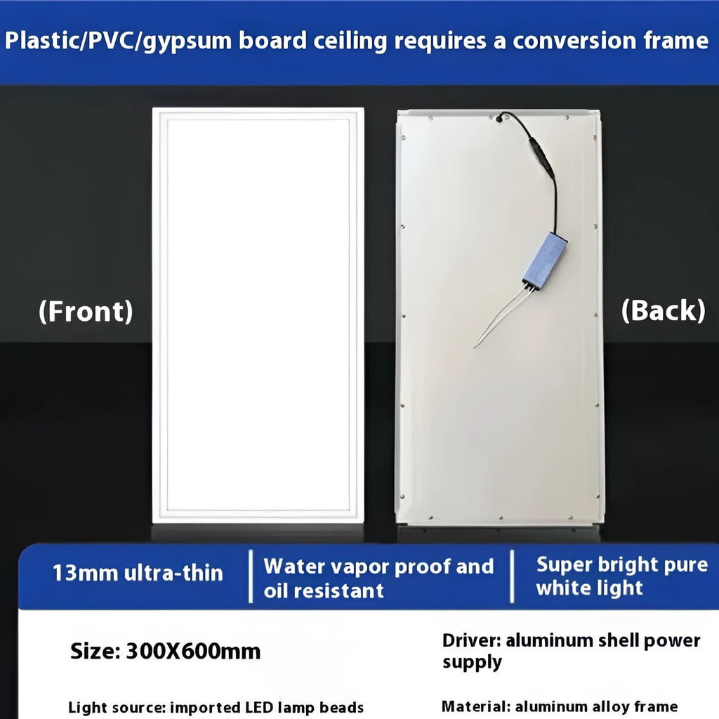 A rectangular white embedded ceiling panel light with a flat surface, shown installed flush in a false ceiling.