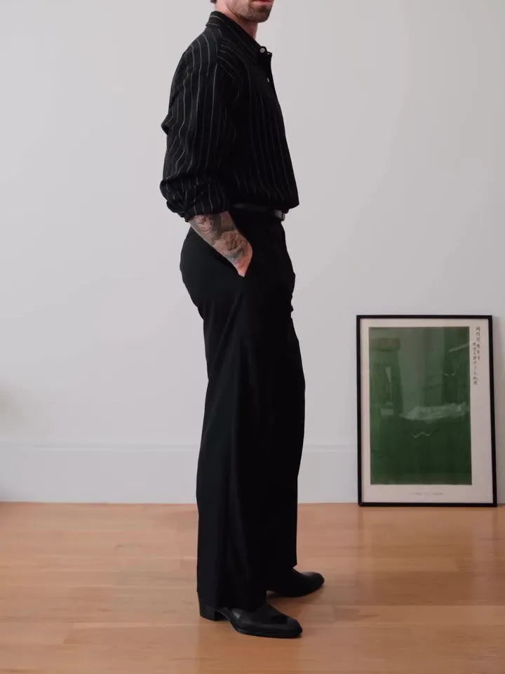 Black pinstriped button-down shirt with striped pattern and regular-length cut