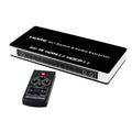 Black HDMI switch box with four input ports and one output port, shown with remote control and cable.