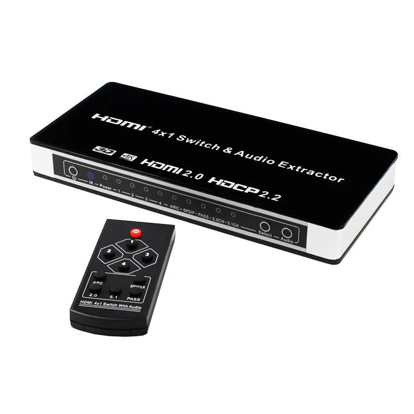 Black HDMI switch box with four input ports and one output port, shown with remote control and cable.