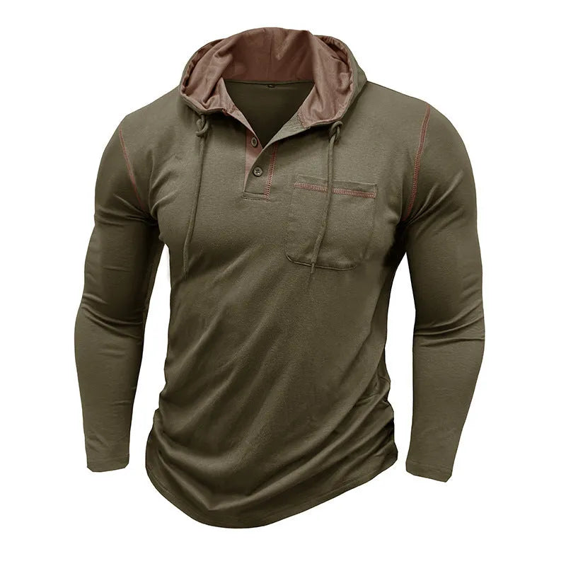 Men's black cotton blend hooded Henley shirt with long sleeves on a hanger