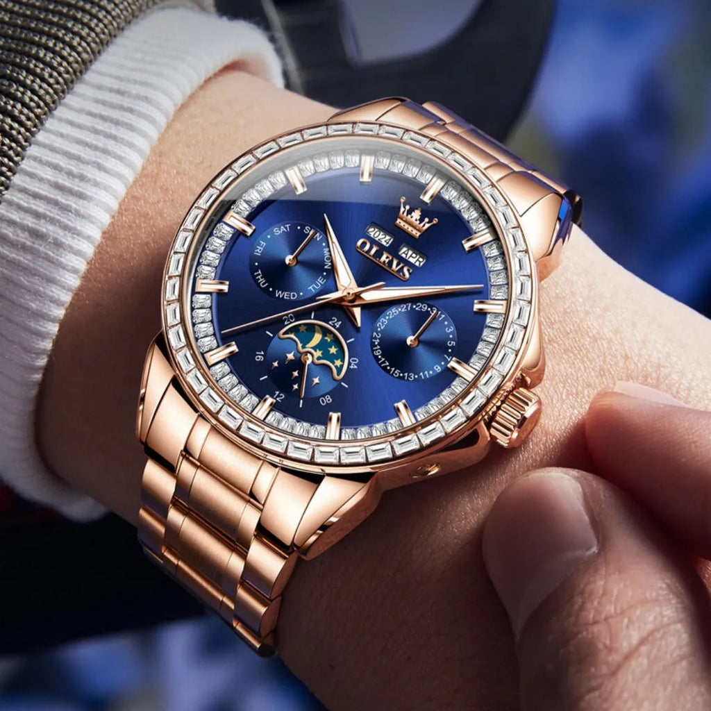 Men's automatic mechanical watch with transparent case back showing movement, stainless steel construction, 13mm thickness