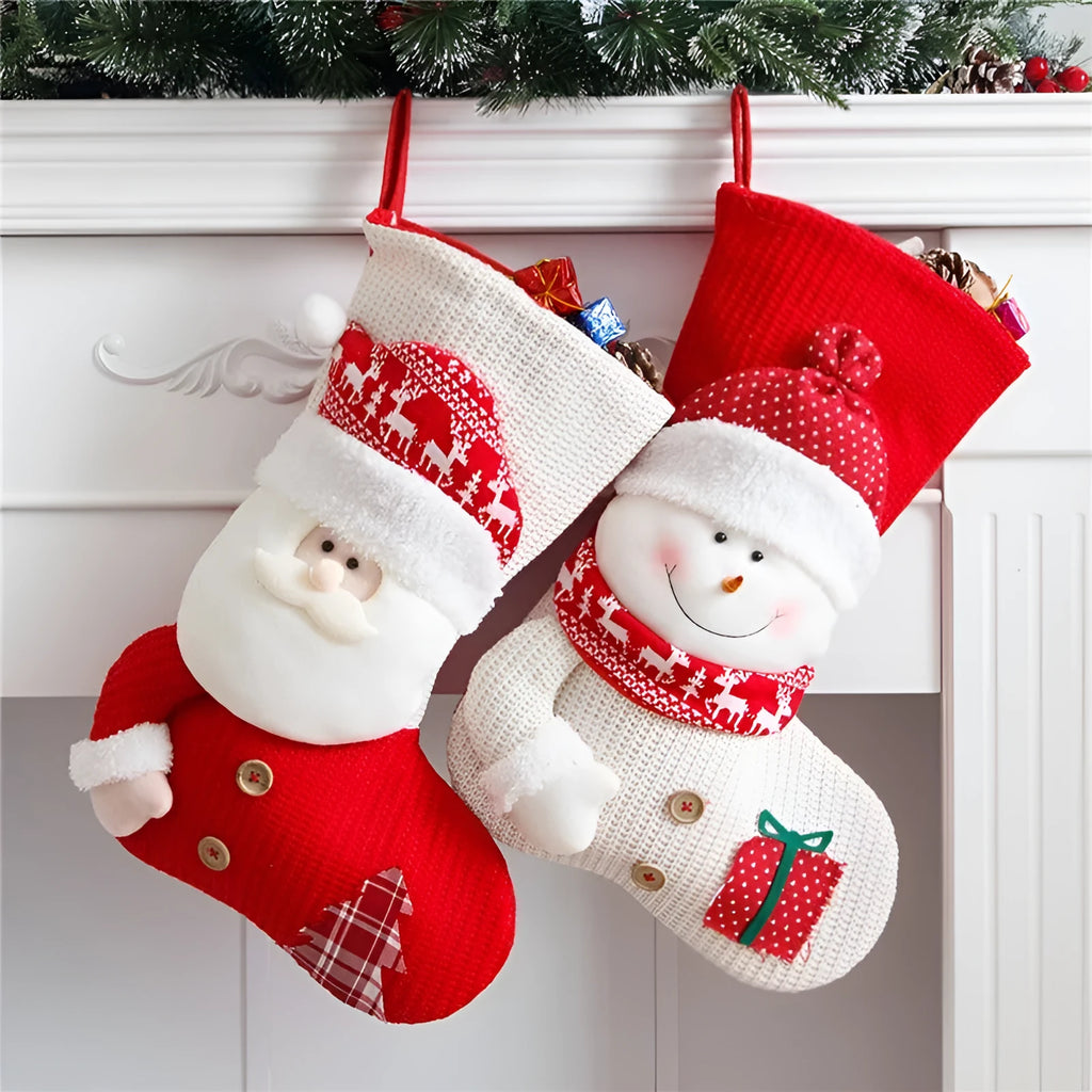 Large red white knitted Christmas stocking with Santa Claus design hanging above fireplace