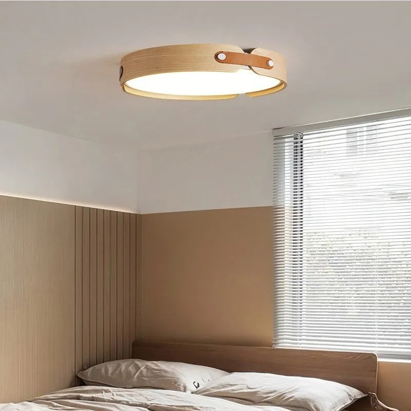 Japanese-style wooden ceiling lamp with a white PMMA shade, shown in a warm light setting.