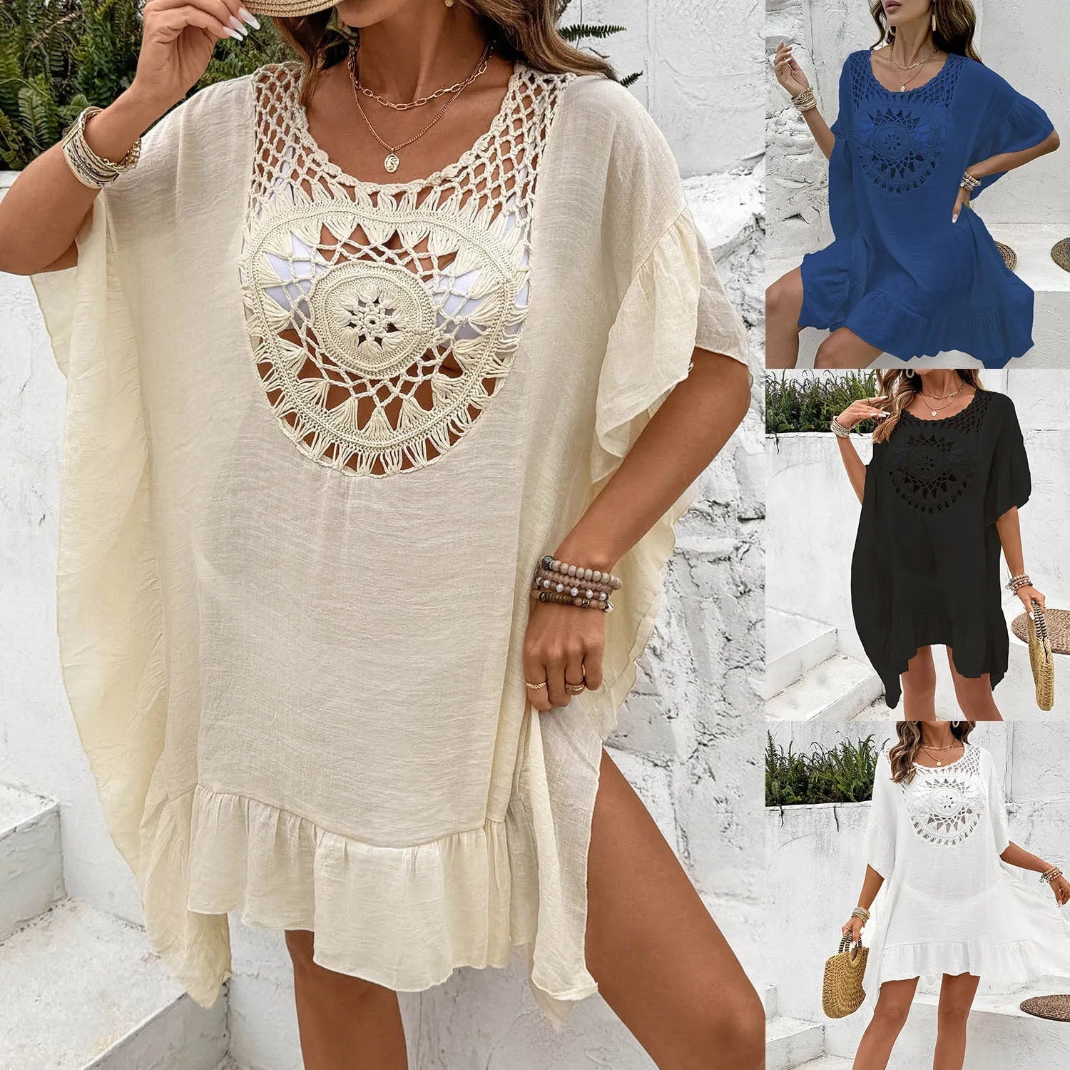 Beach crochet stitching tassel dress swimsuit with patchwork skirt in slubbed fabric hollow yarn, available in black, white, apricot, blue.