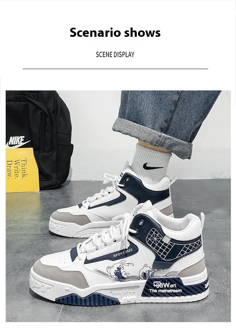 Men's high-top lace-up board sneakers in beige, white, and blue colours with rubber soles.
