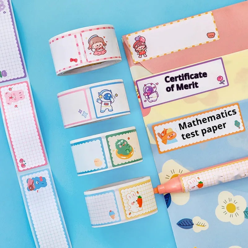 Roll of student cartoon name tape stickers with dinosaur, astronaut, rabbit, and girl designs for labelling school items