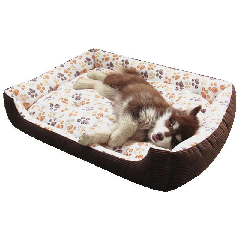 Beige soft plush pet bed for small dogs and cats in a sofa kennel design.
