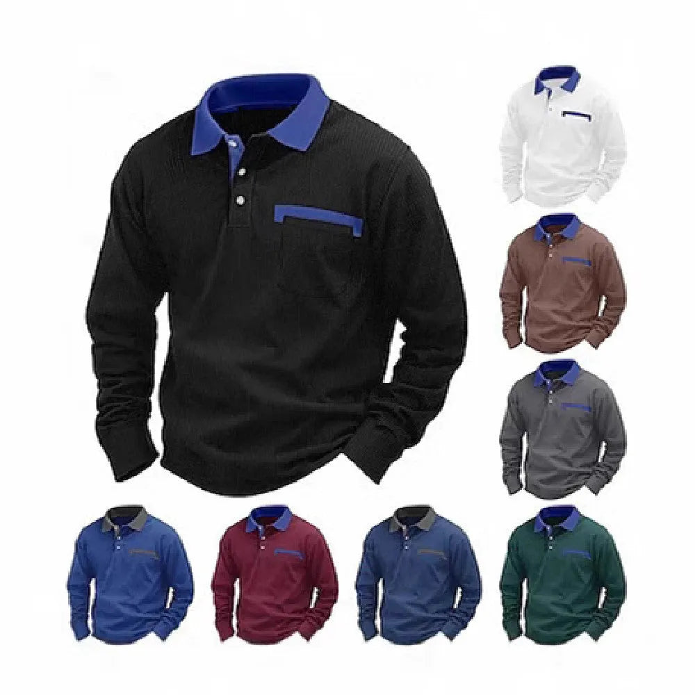 Men's long-sleeved waffle polo shirt with asymmetric design in wine red colour, showing texture detail and loose fit