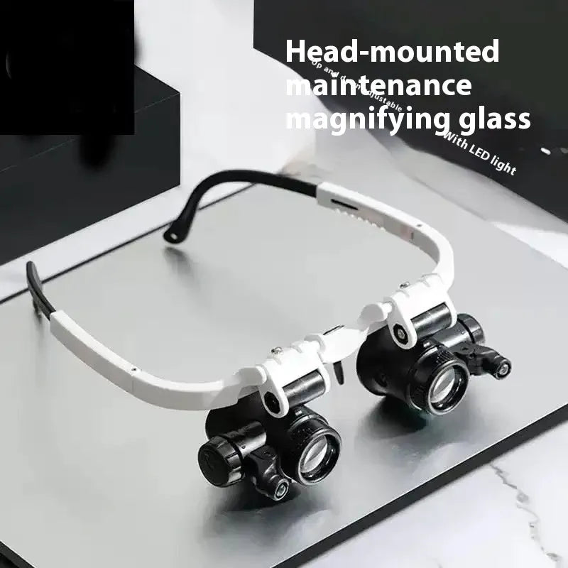 White head mounted magnifying glass with 30mm lenses and LED light for clock and antique glass repair