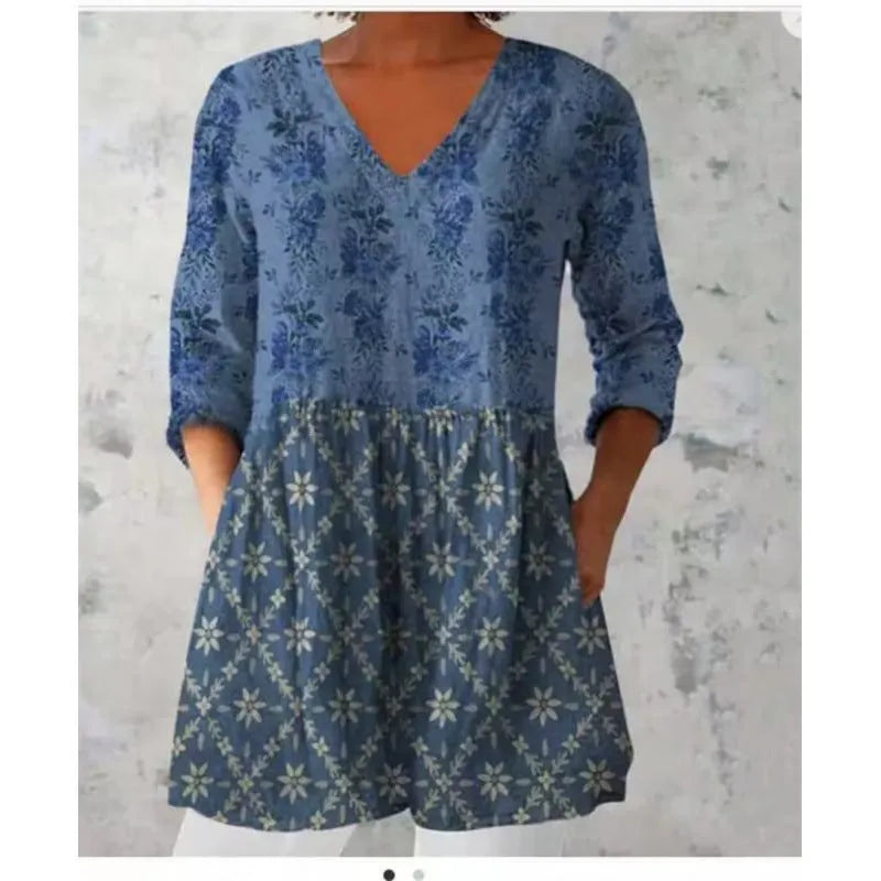Printed women's wave loose dress with 3/4 sleeves and wide waist design in polyester fabric