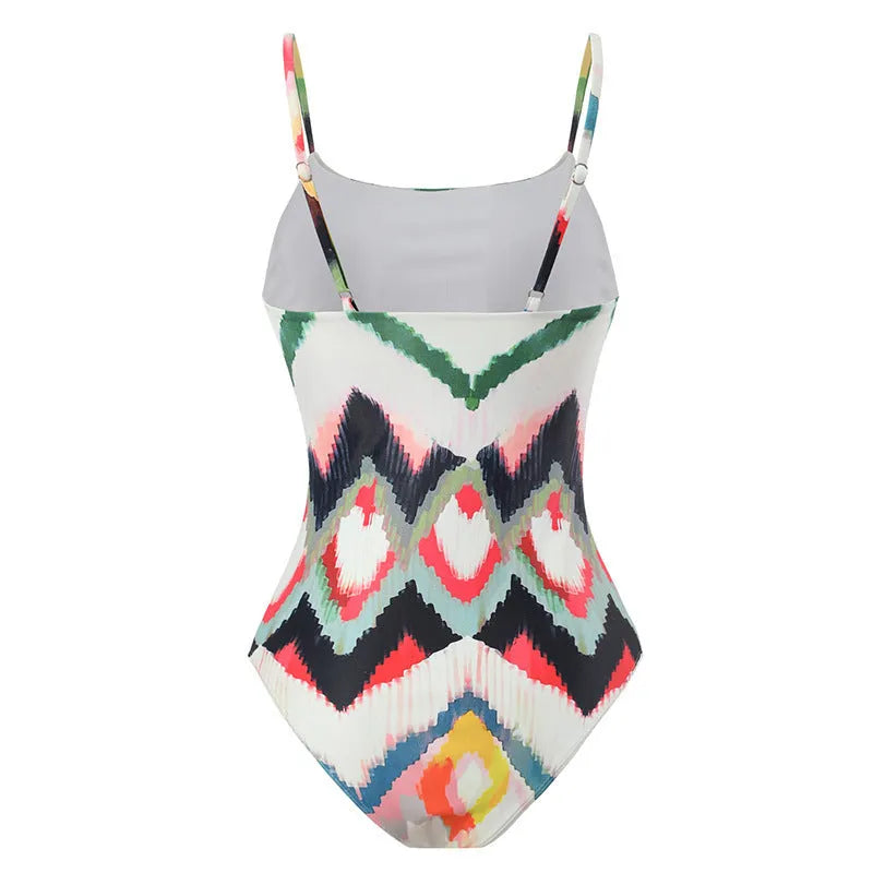 Women's two-piece beach swimsuit with matching hip skirt in striped pattern