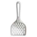 Gray plastic cat litter scoop with integrated base, showing 5mm sieve spacing and 30cm handle length