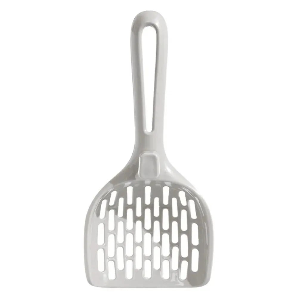 Gray plastic cat litter scoop with integrated base, showing 5mm sieve spacing and 30cm handle length