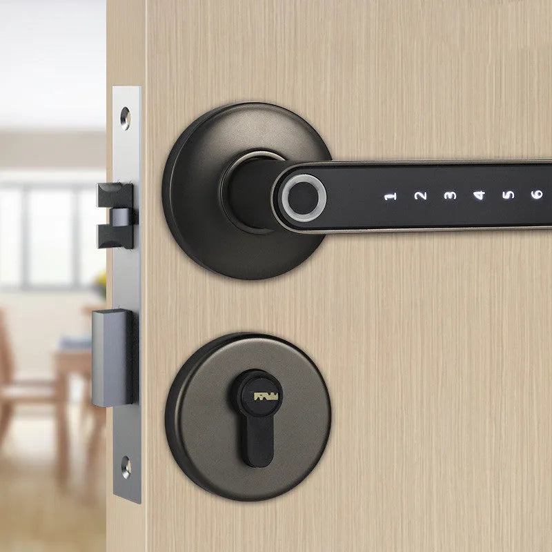 Black alloy smart lock with fingerprint sensor and Bluetooth app control for keyless door security