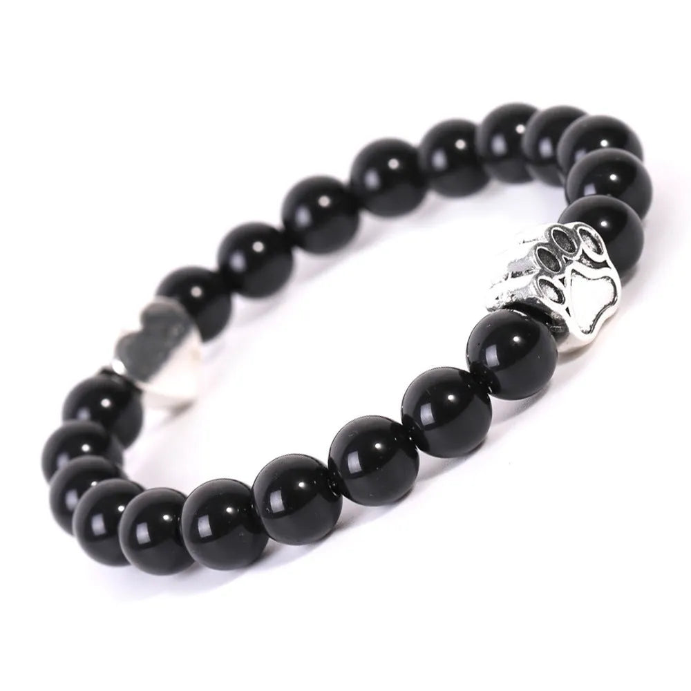 Tigereye Indian Agate stone bead bracelet with geometric shapes, dog's paw design and Peach Heart charm