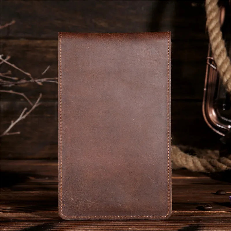 Men's long cowhide leather wallet showing card slots, money pocket, and mobile phone compartment.