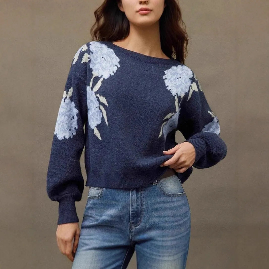 Sapphire blue women's pullover with jacquard floral pattern, loose fit with regular long sleeves