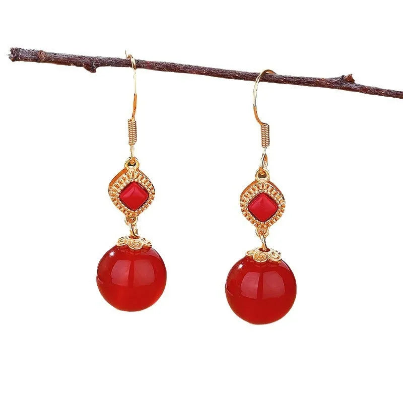 Southern red agate round bead earrings with geometric design and S925 silver inlaid jasper accents