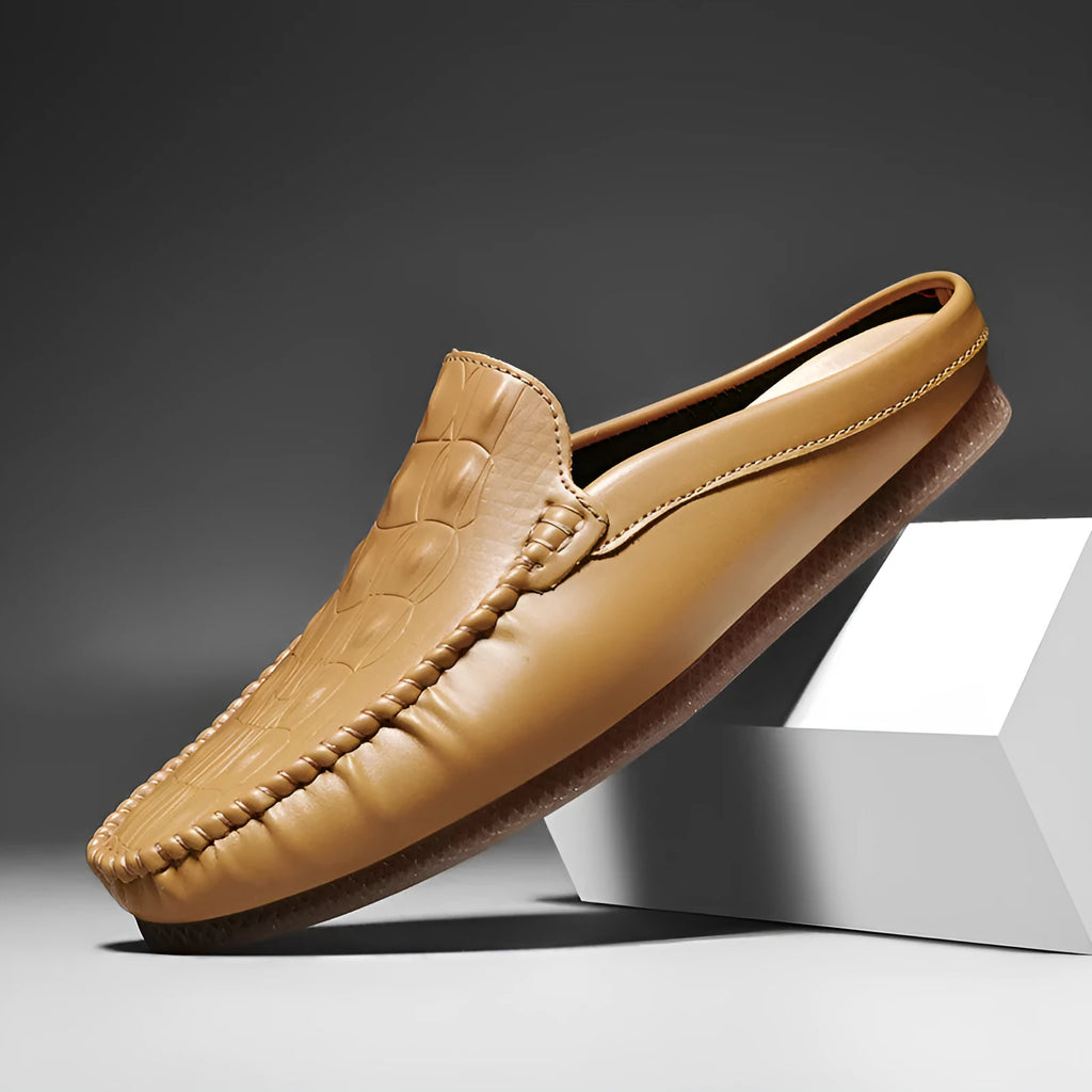 Men's black summer semi-slippers with a breathable artificial PU upper and a textured Gommino rubber sole.