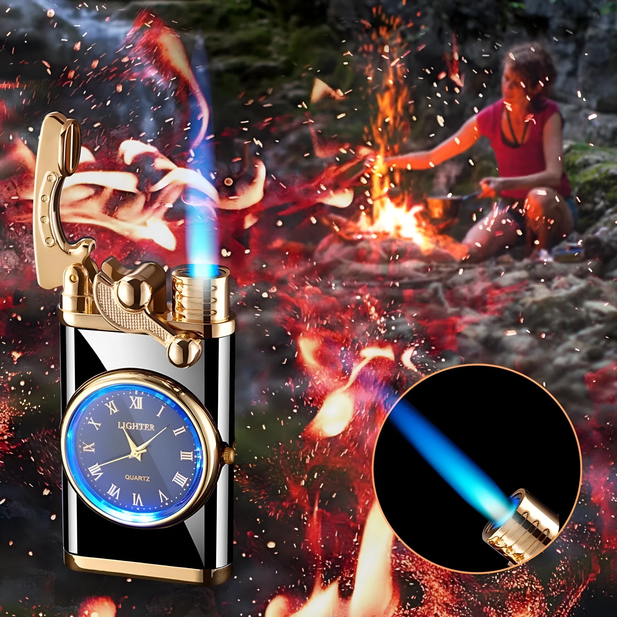 Zinc alloy watch-style lighter with a dial, showing adjustable blue flame ignition.