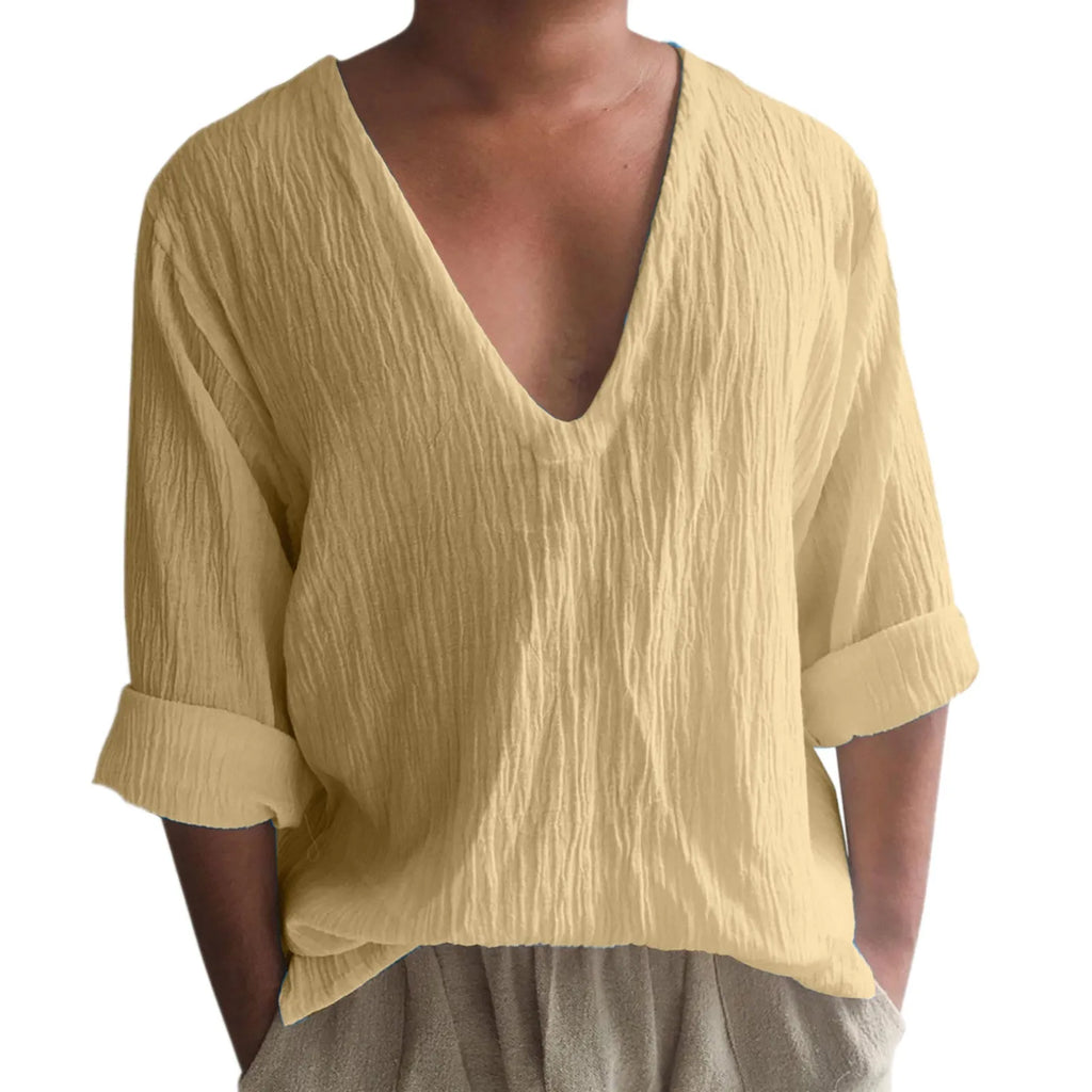 Men's long sleeve V-neck t-shirt in washed cotton linen fabric showing British craft stitching detail