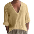 Men's long sleeve V-neck t-shirt in washed cotton linen fabric showing British craft stitching detail
