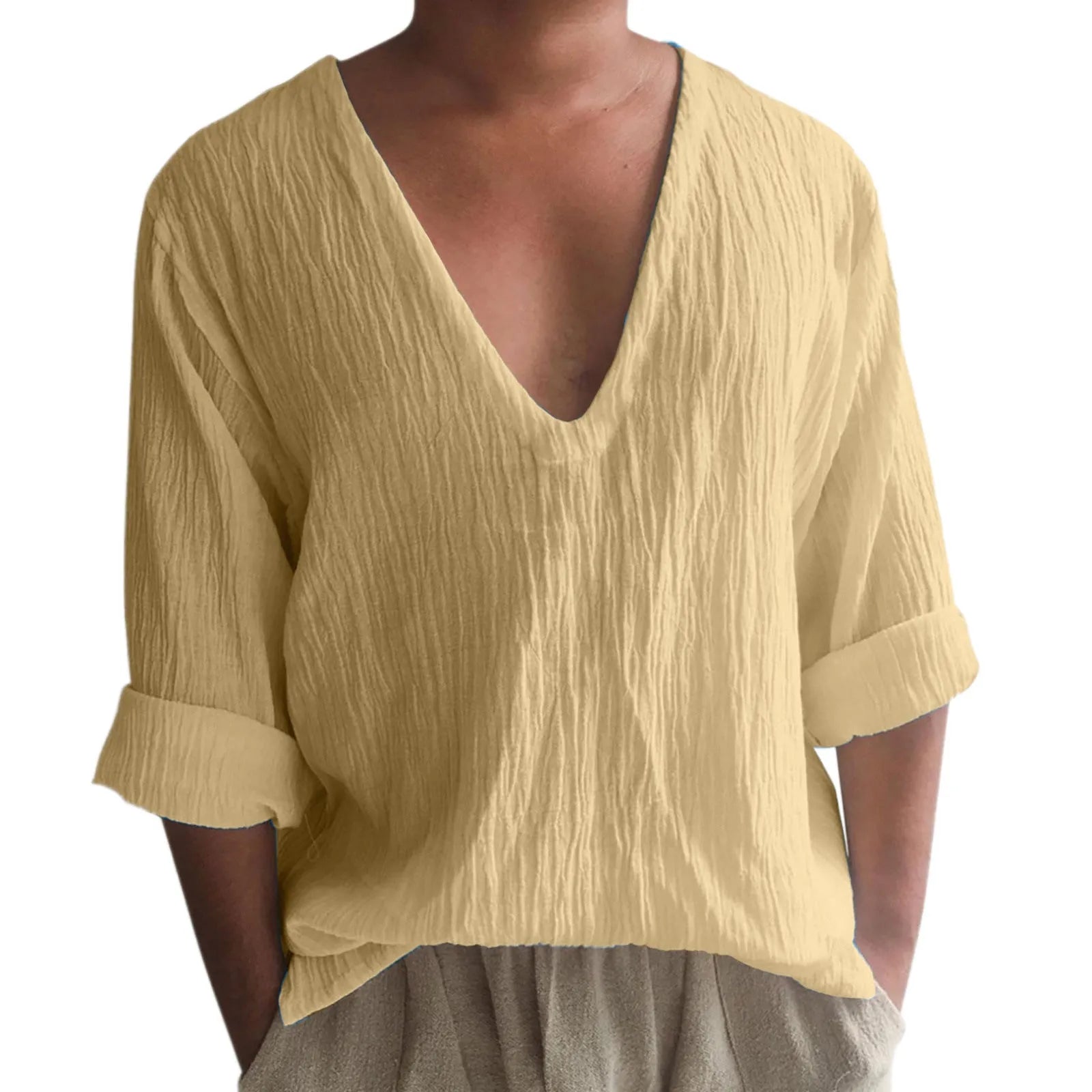 Men's long sleeve V-neck t-shirt in washed cotton linen fabric showing British craft stitching detail