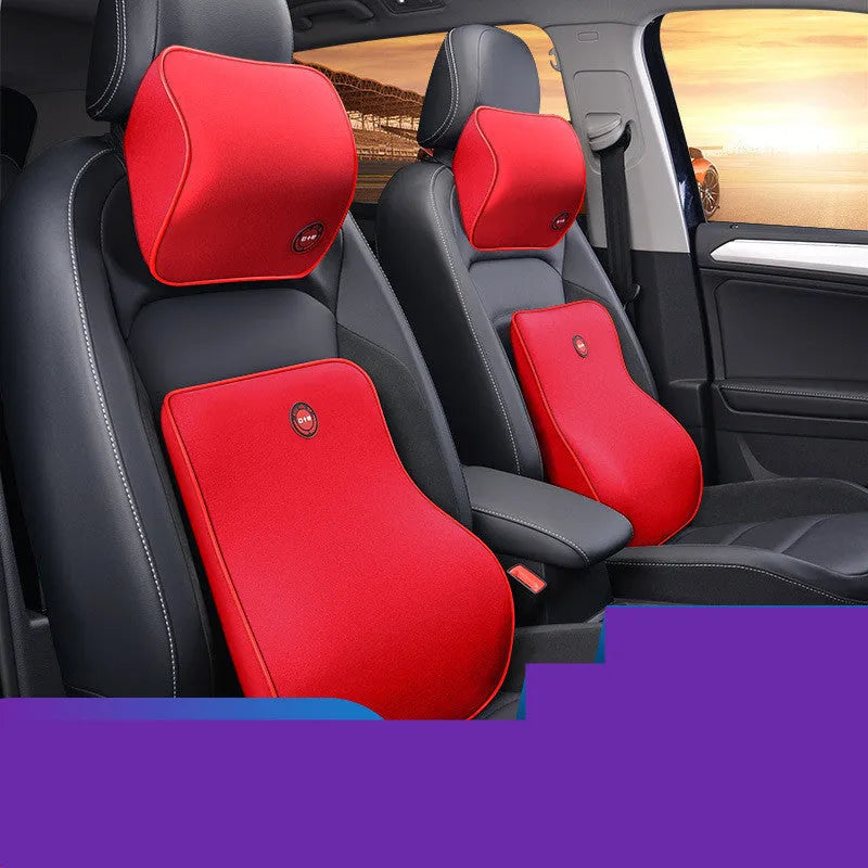 Car headrest neck protector and waist support set in black, coffee, grey or red with polyester cover and memory foam filling