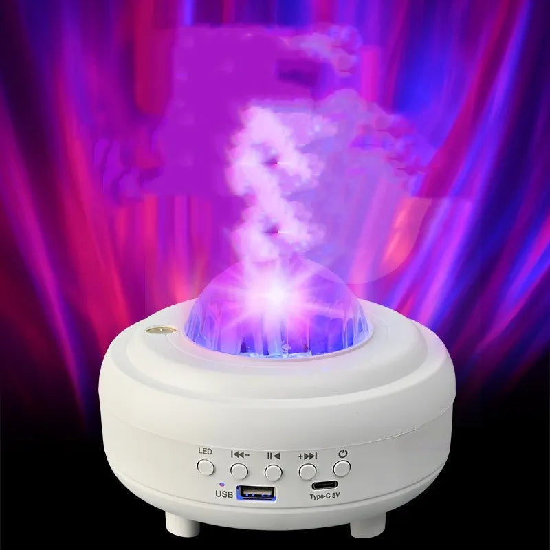 White Galaxy Star Projector on bedside table projecting blue star patterns on wall