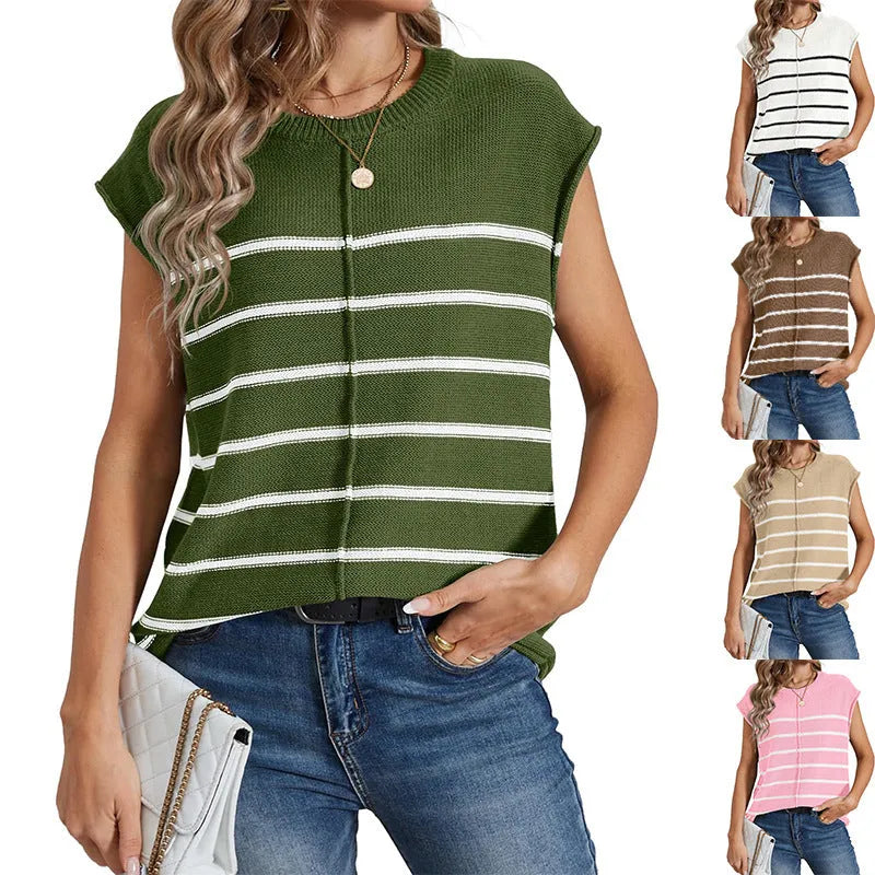 Women's striped sleeveless vest pullover with bone stitching details in multiple colour options