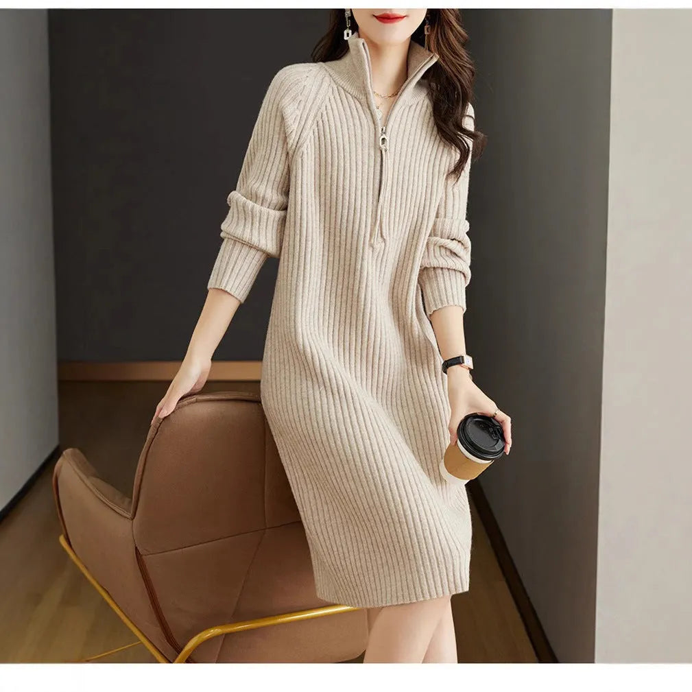 Beige casual women's skirt with a half zip on the stand collar and loose straight fit.