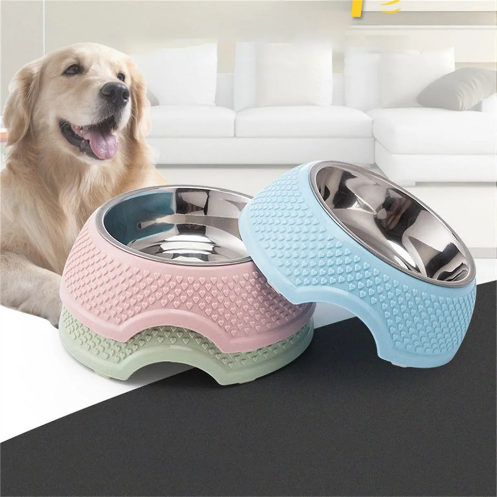 Stainless steel pet bowl with non-slip base in blue, green, or pink, 19cm diameter