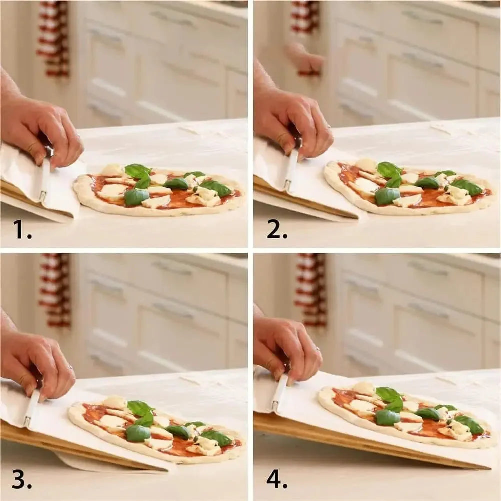 White plastic pizza transfer shovel with handle and hanging hole on a kitchen counter.