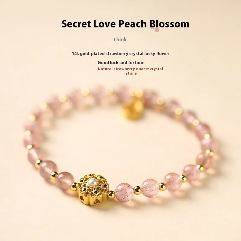 Hand-woven crystal bracelet with grey moonstone, pink sunstone, and peach strawberry quartz 6mm beads