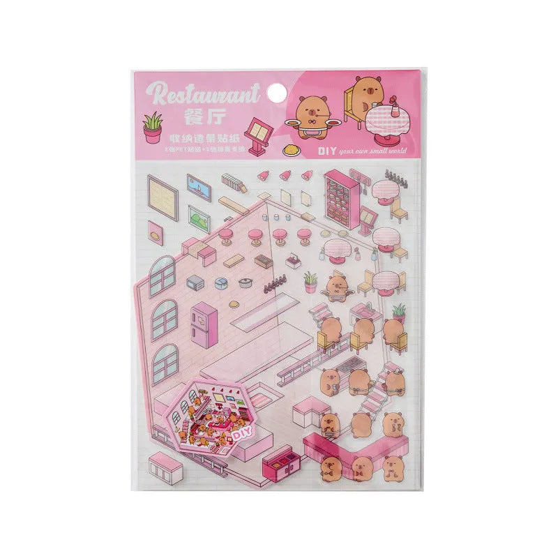 Capabala cartoon stickers showing eight 190x125mm themes: bakery yellow, bookstore green, flower shop pink designs