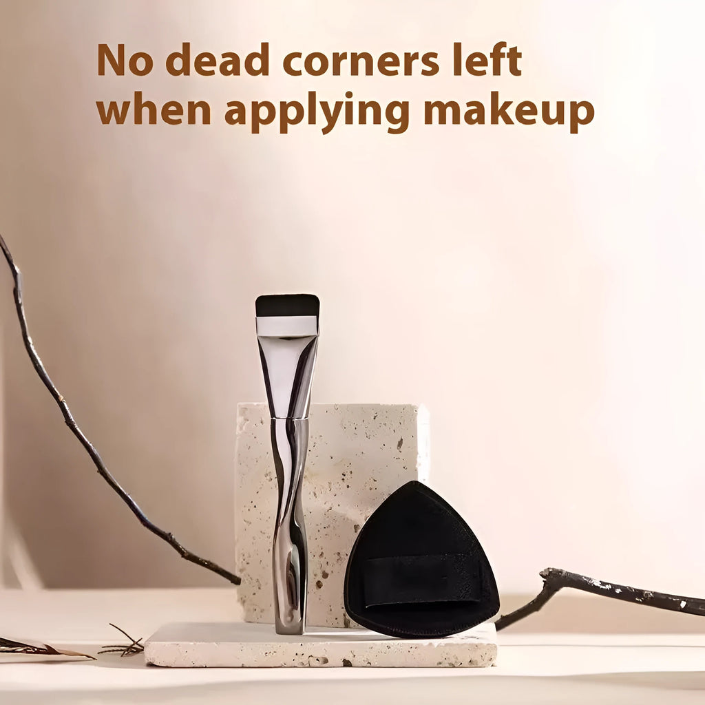 Spiral-shaped black powder foundation brush with long handle and separate makeup puff in packaging