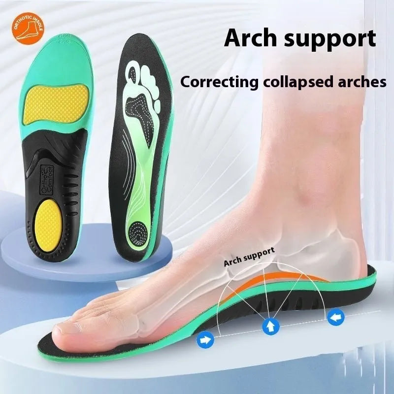 Blue and green PU flat foot correction insoles showing arch support design for universal shoe sizes.