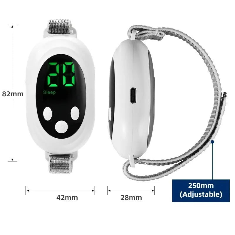 White handheld sleep aid remote control device with USB charging port and adjustable intensity settings