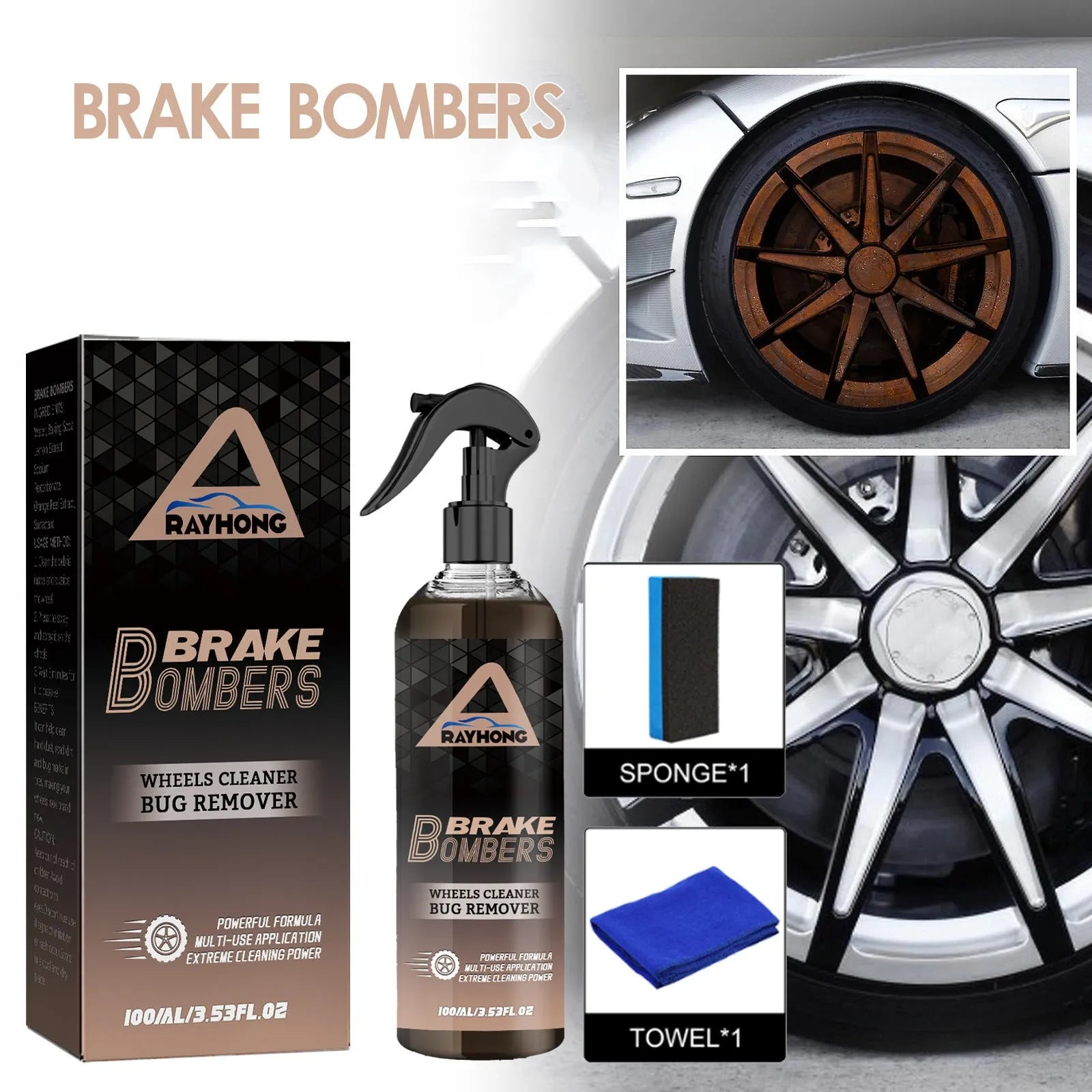 120ml car brake cleanser bottle and sponge towel for rust removal and polishing