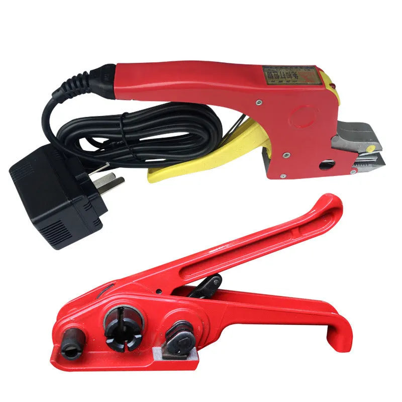 Electric hot melt packing machine with plastic steel tensioner and roll of yellow packaging tape on a work surface.
