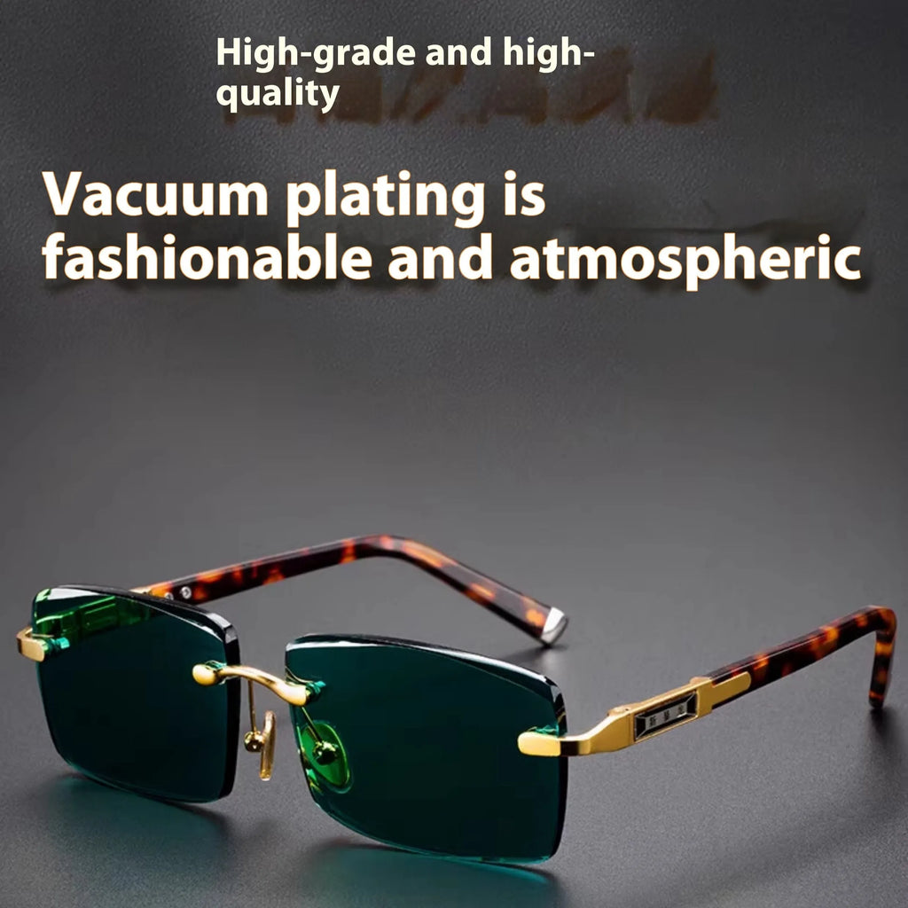 Dark green frameless crystal glasses with UV400 protection on a case