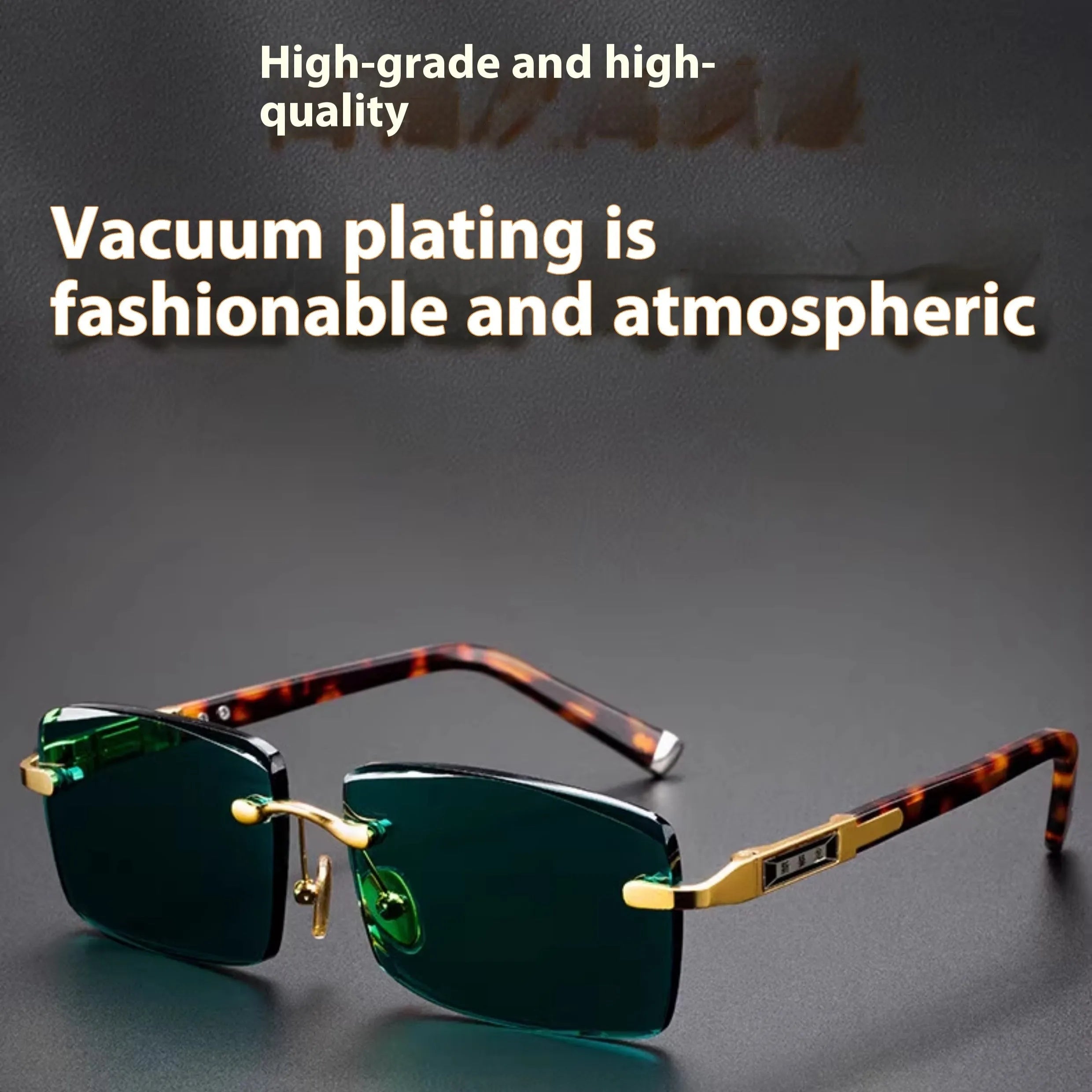 Dark green frameless crystal glasses with UV400 protection on a case