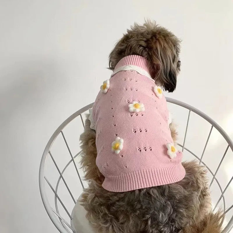 Green floral knitted dog sweater on a small dog, showing size chart for XS, S, M, L, XL.