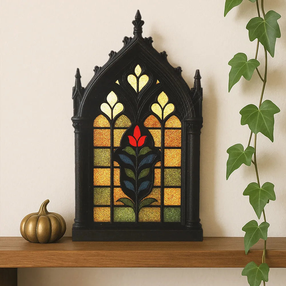 Black rustic wooden Gothic-style door frame wall rack for storage and decoration.