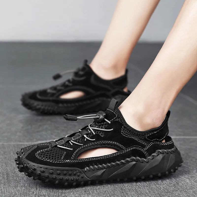 Men's waterproof sports sandals with leather mesh upper and rubber sole in toe-cap design